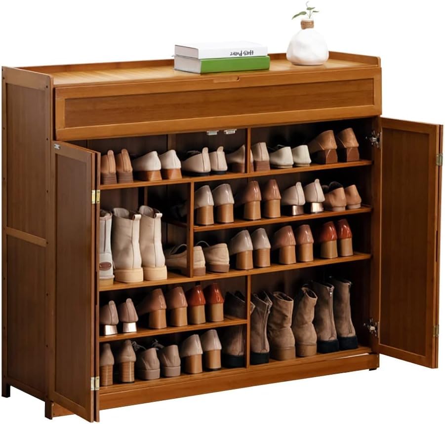 7 Tier Shoe Storage Cabinet with Doors, Bamboo ltifunctional Organizer Rack Unit Up to 40 Pairs, Free Standing Shoe Rack for Bedroom Closet Entryway Living Room,A,117x35x100cm