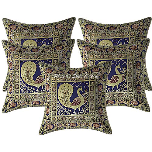 Image of Decorative Brocade Cushion Covers 16x16 Inch Banarasi Jacquard Weave Navy Blue & Gold Home Decor Peacock Traditional Square 40x40 cm Zippered Sofa Settee Pillowcases -Set of 5 Pcs