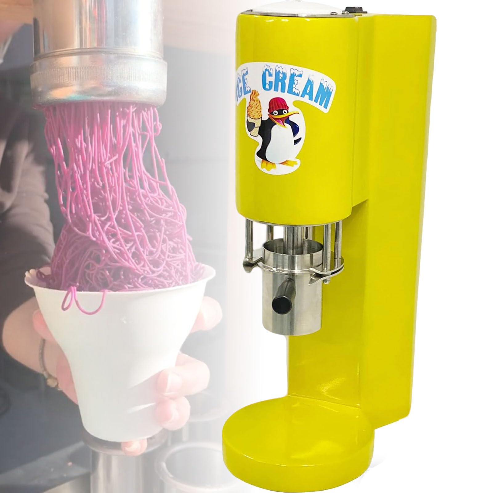 ROGHA Commercial Spaghetti Ice Cream Maker, 80w Ice Cream Press Machine, 0.42l Stainless Steel Hopper, 4 Noodle Shape Molds, Easy use for Dessert Shops Yellow