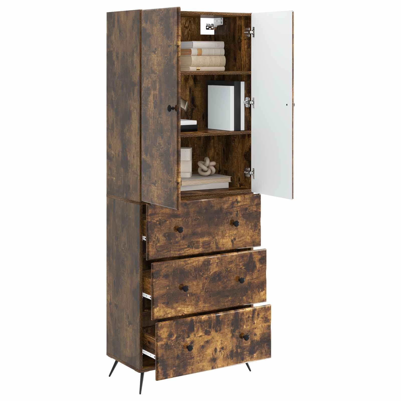 Zestaw szaf 2 szt. z materiału drewnopochodnego w kolorze wędzonego dębu o wymiarach 66 x 34,5 x 90 cm, 3 szuflady, 2 półki, 2 drzwi, uniwersalna przestrzeń do przechowywania do biura