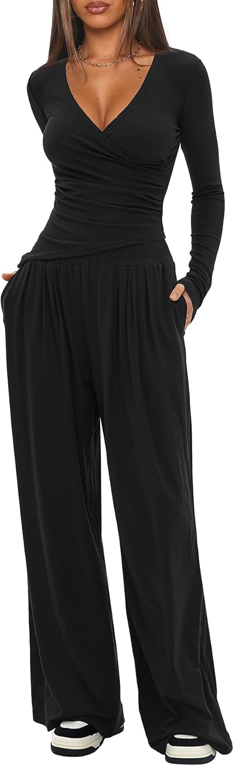 Darong Women's 2 Piece Lounge Fall Outfits Sets Warp V Neck Short/Long Sleeve Shirts and Wide Leg Pants Casual Matching Sets - Image 3