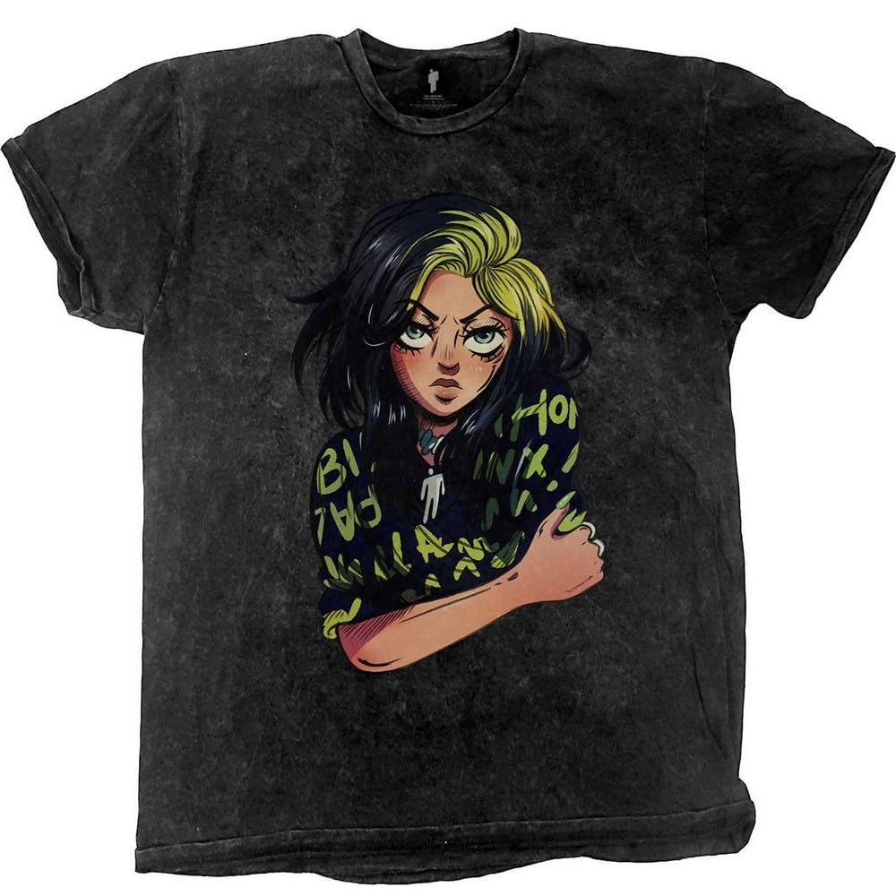 Billie Eilish T Shirt Anime Billie Logo Official Unisex Dip Dye Mineral Wash M Black