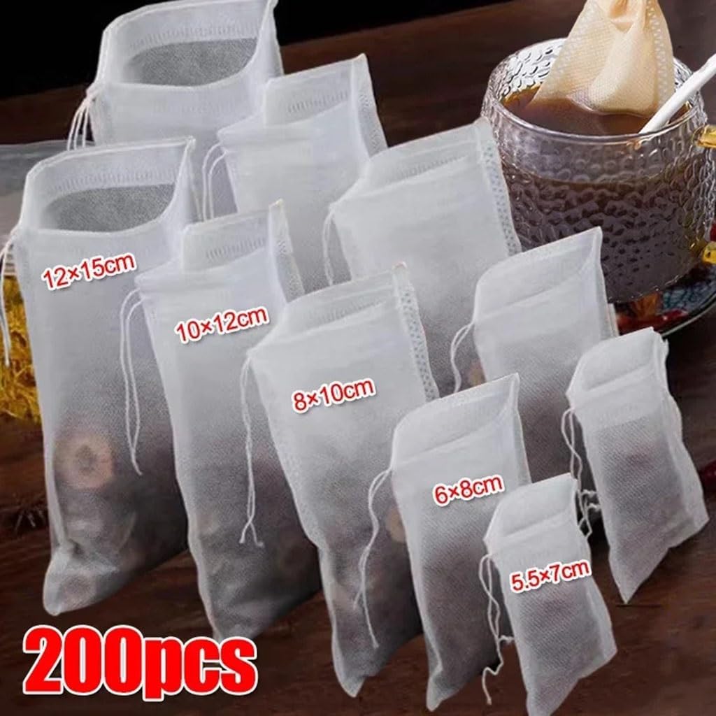 50-200 bolsas de filtro de té desechables de tela no tejida con cordón, papel de filtro de cocina para café, hierbas, té suelto (10 x 12 cm, 200 unidades)