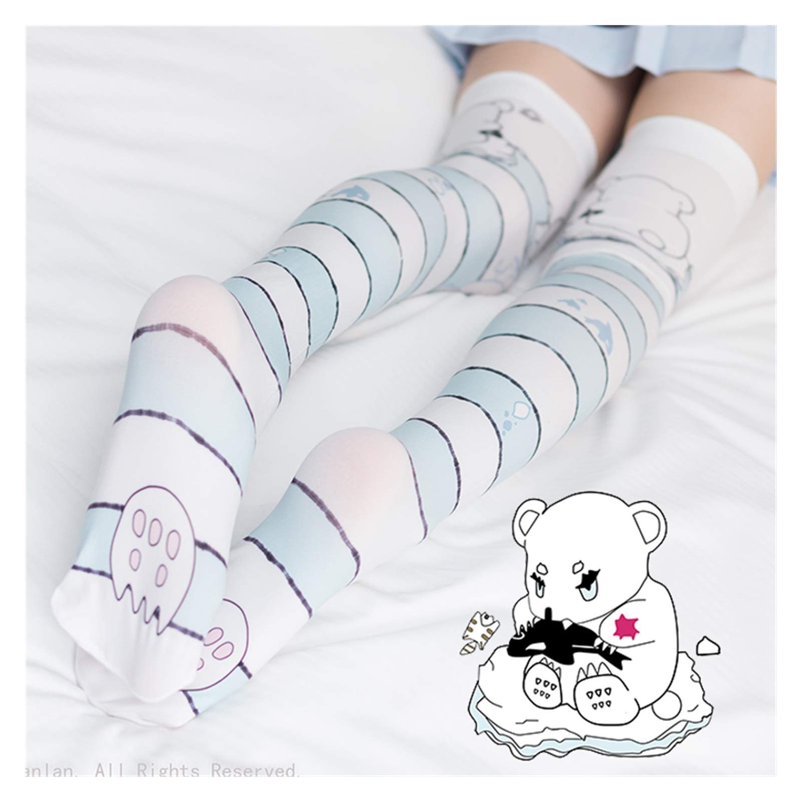 Lolita Strümpfe Blaue und weiße Streifen drucken Knie - High COS-Socken Warm (Color : White)