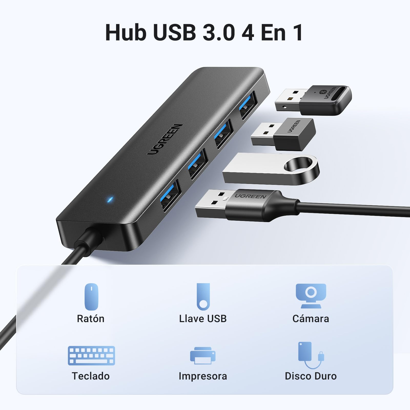 UGREEN Hub USB 3.0 con 4 Puertos Adaptador Ladron Multipuertos 5Gbps Alta Velocidad Compatible con MacBook Pro Air iMac Surface XPS PC Portátil Disco Duro Teclado Ratón PS5 (15cm) — view 2