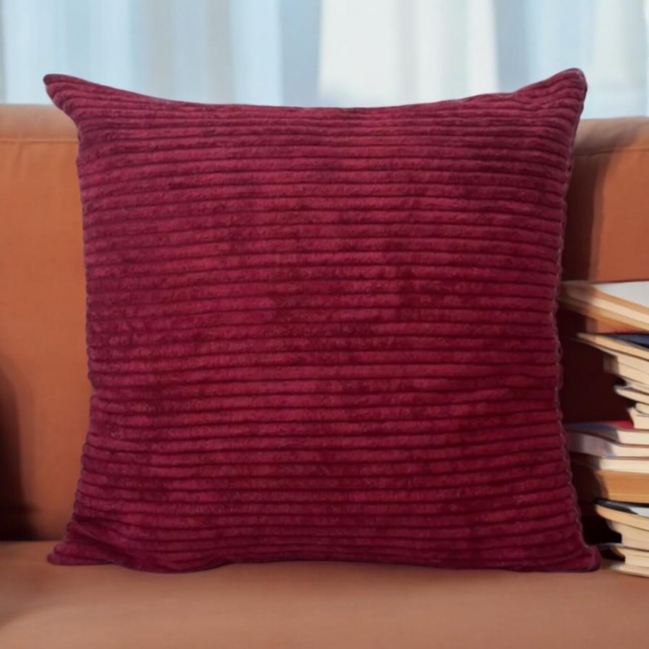 Seechoo Corduroy Cushion Covers, Set of 2, 45 x 45 cm, Striped, with Invisible Zipper, 18 x 18 Inch (Burgundy) - Image 2