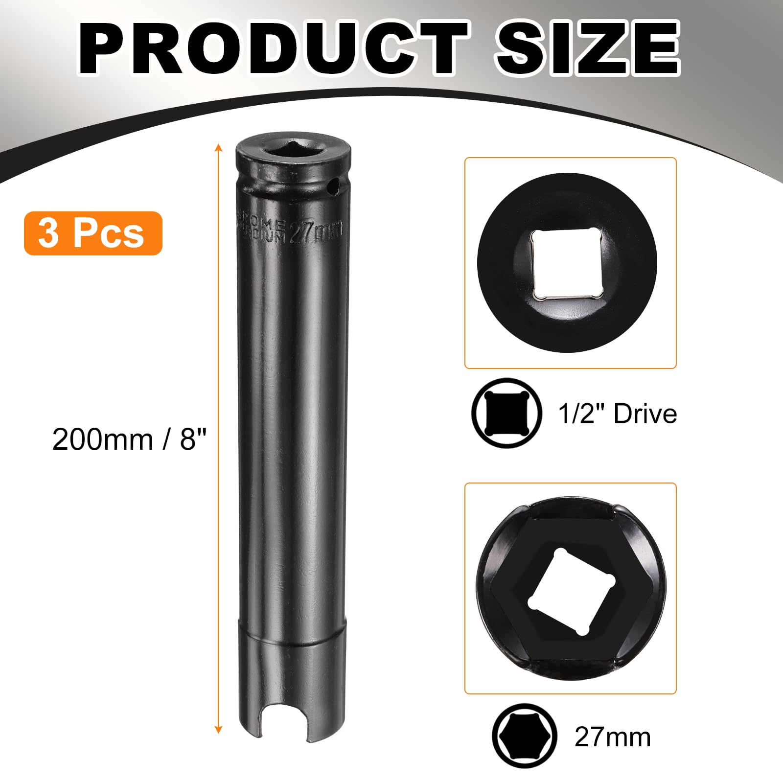 QUARKZMAN 3pcs 27mm Profundo Ranurado Impacto Vaso, 6 Puntas 200mm Extralargo 1/2" Accionamiento Acero Tratado Térmicamente 45# para perno Tuerca Reparación Mariposa Eje Automóvil Doméstico