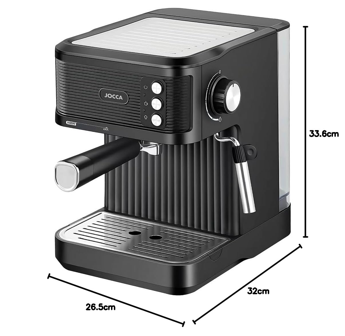 Jocca – Cafetera Espresso Linea Elegance 20 Bares | Depósito 1,8L, Bomba Italiana, 1 y 2 Tazas, Boquilla Vaporizadora, Bandeja Calienta Tazas, 850W, Bandeja de Goteo Inox