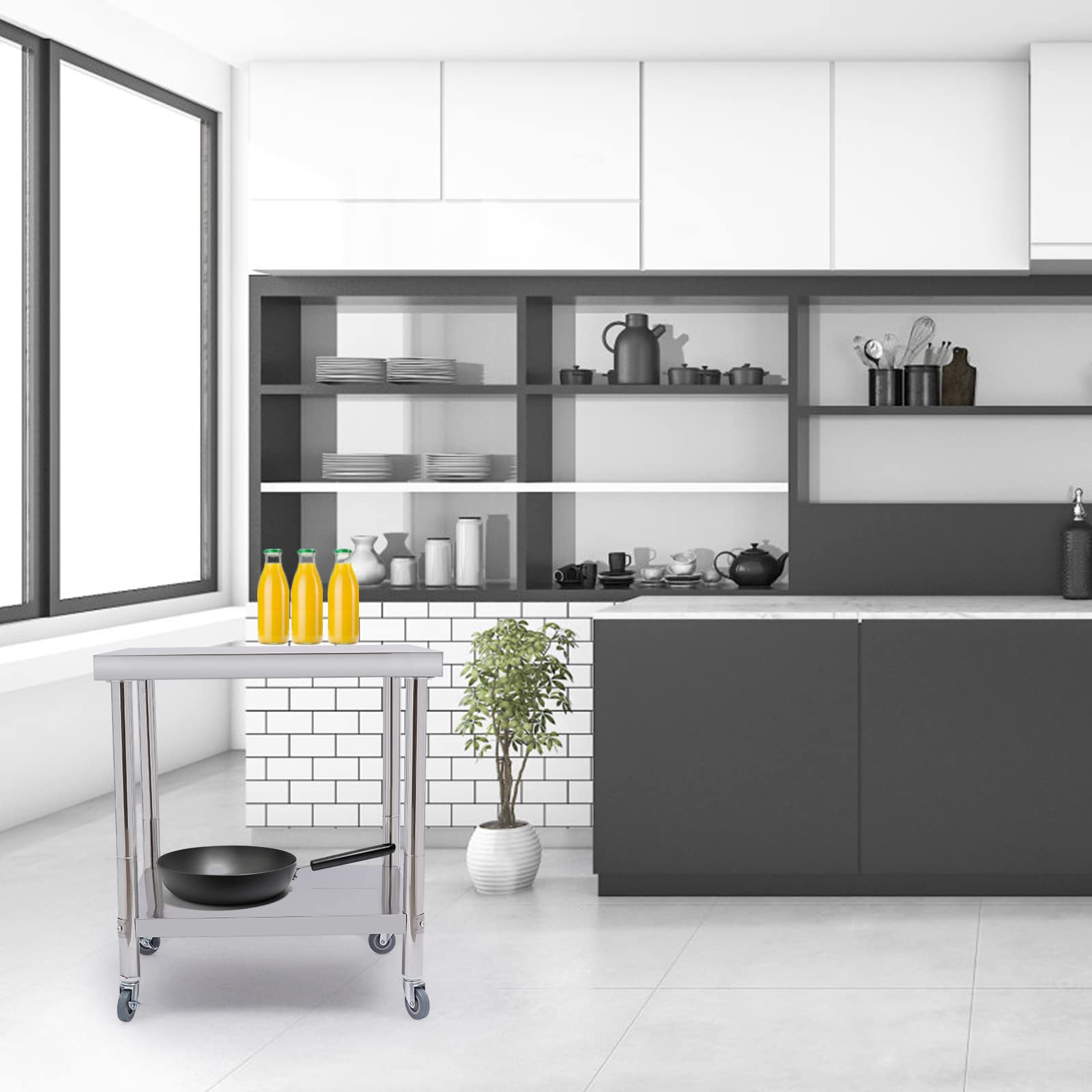 OUKANING Carrello da portata in acciaio inox, 2 piani, tavolo da lavoro, cucina in acciaio inox, con ruote, per uso domestico/commerciale, capacità di carico 300 kg, tubo rotondo 5 cm (dimensioni: 76