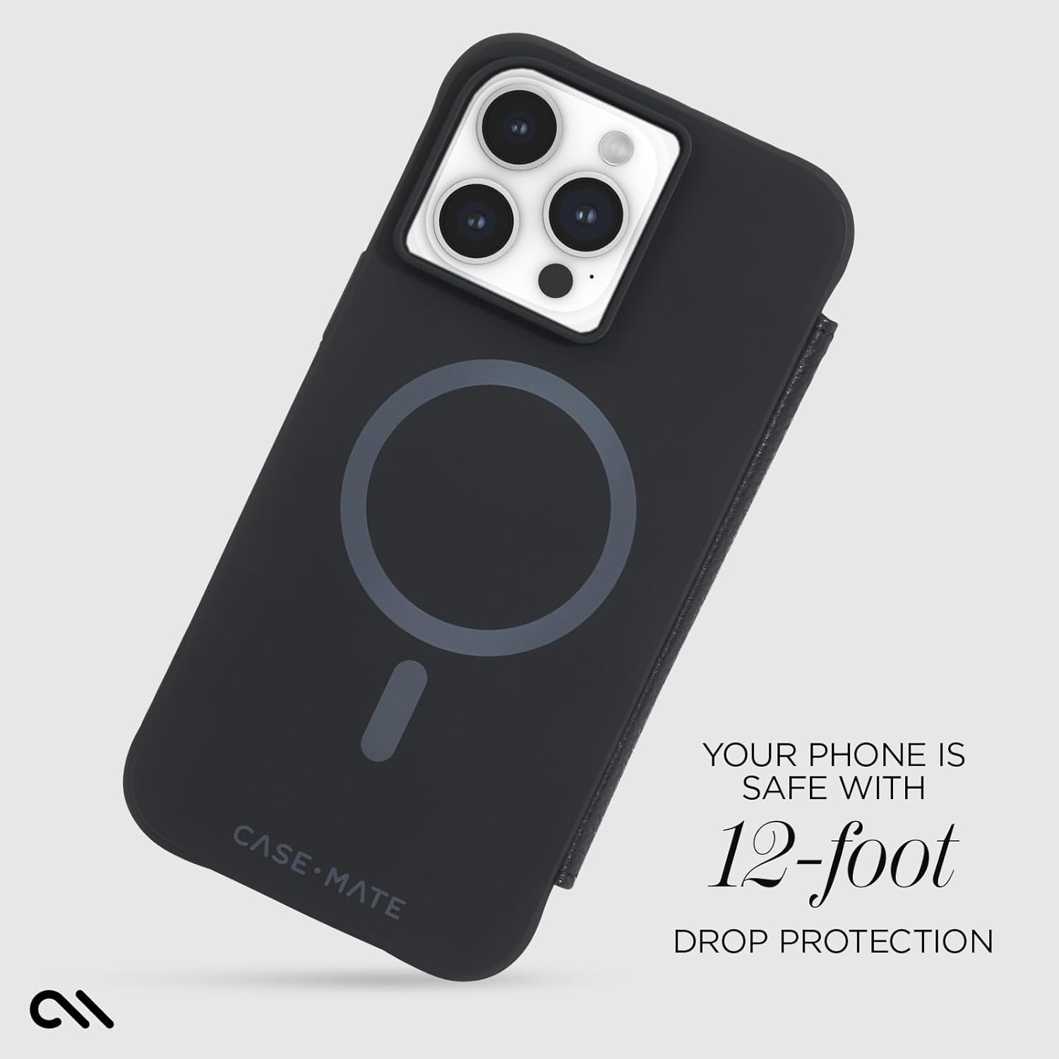 Case-Mate Wallet Folio iPhone 15 Pro Max Case - Black [12ft Drop Protection] [Compatible with MagSafe] Magnetic Flip Folio Cover Made w/Genuine Pebbled Leather, Landscape Stand, Cash and Card Holder