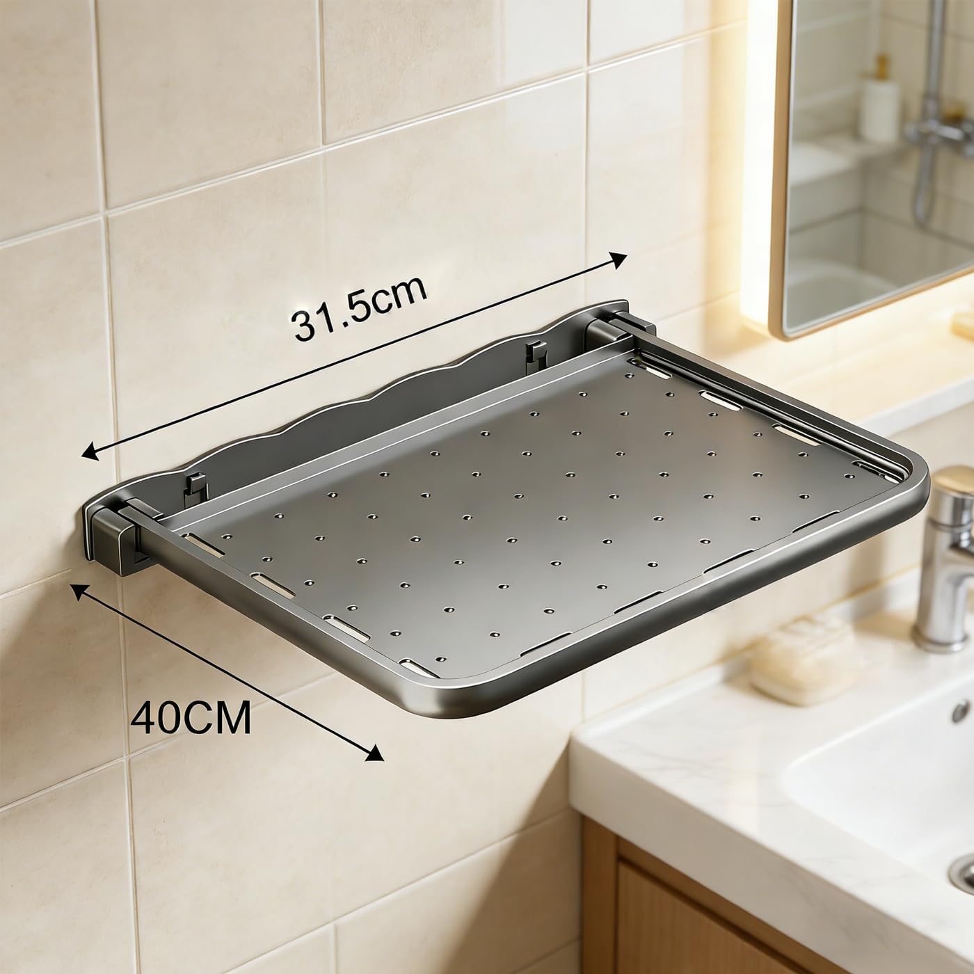 Floating Shelves Bathroom,Black Metal Folding Wall Shelf with 6 Hooks，for RV, Laundry Room, Toilet Room, Kitchen, Waterproof and Space Saving