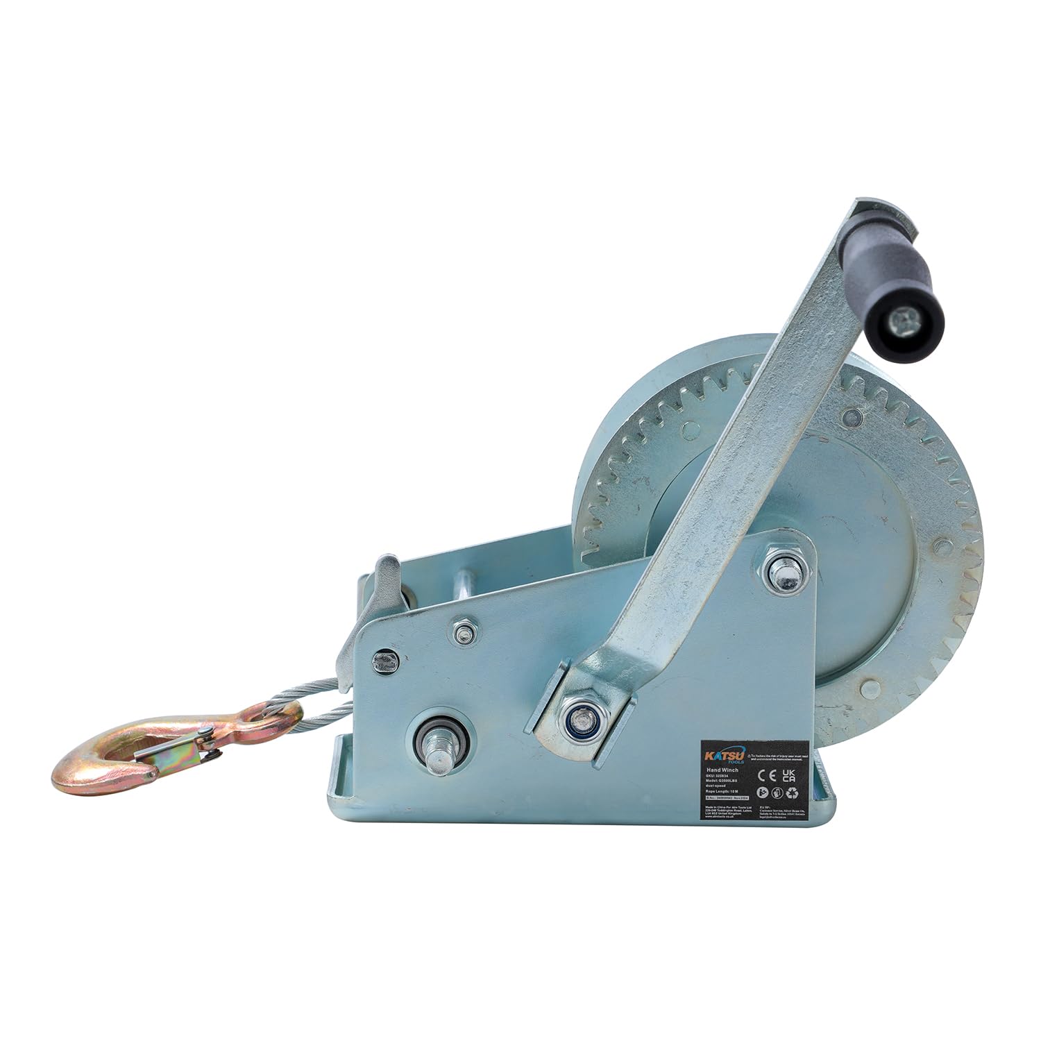 KATSU Tools Cabrestante Manual Pesado 3500lbs 1587kg con Cable de Acero de 10m, Sistema de Engranaje de 2 Velocidades, para Remolques de Coche, Caravana, Barco, Camión y Recuperación 325934