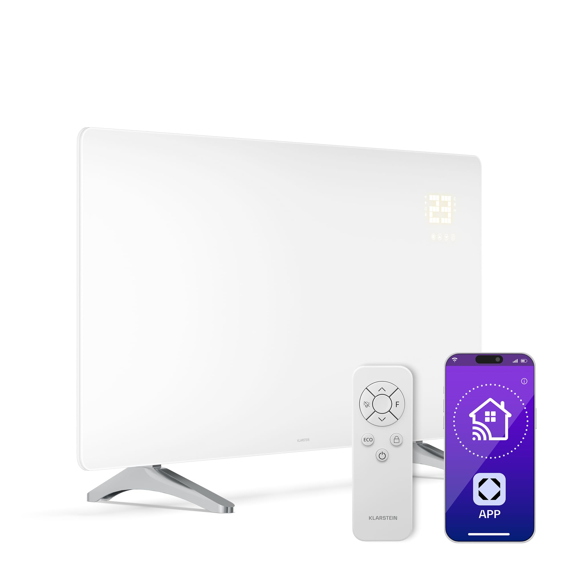 Klarstein Pannelli Radianti Infrarossi 720W – Parete o Indipendente, WiFi, Touch & App, Termostato, Timer, Sicurezza Bambini, IP43, Vetro, Riscaldamento a Infrarossi 14m², Bianco