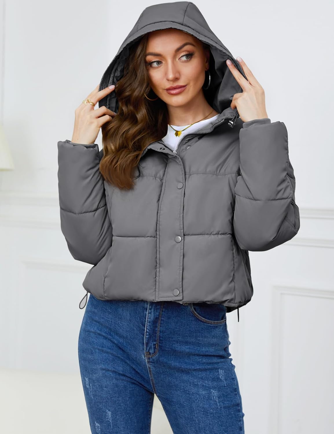 Yimoon Womens Winter Cropped Puffer Jacket Hooded Zip Up Short Warm Quilted Puffer Coat Outerwear - Image 2