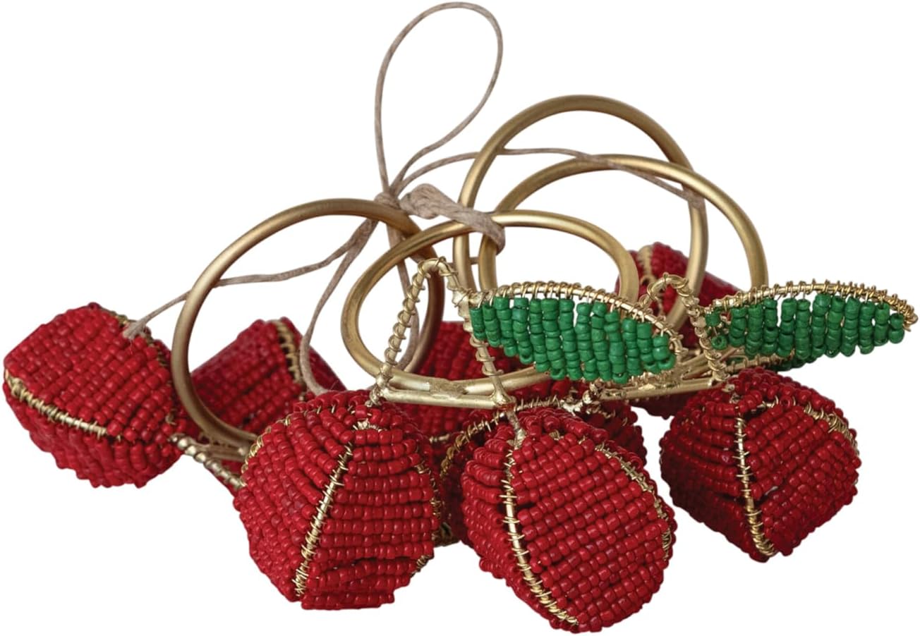 Creative Co-Op 4-Piece Round Handmade Glass Beaded Cherry Napkin Rings with Gold Cord, Red, Green and Gold Finish