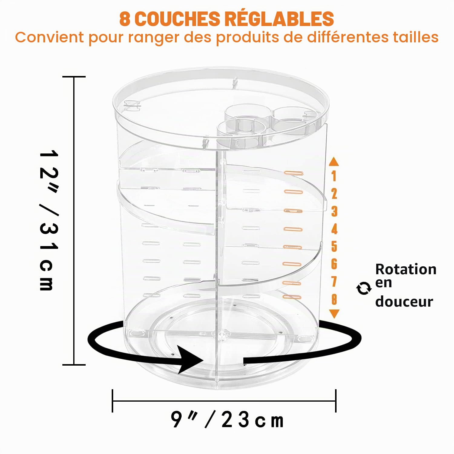Organiseur de maquillage rotatif, 8 couches réglables pour soins de la peau, présentoir cosmétique avec porte-pinceau, plateau de parfum, carrousel de rangement multifonction pour coiffeuse, salle de