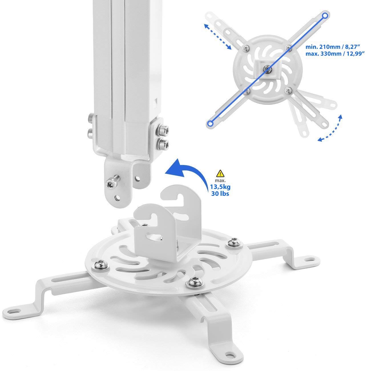 deleyCON Soporte para Proyectores Universal +-15° Inclinable 360° Giratorio hasta 13,5Kg Altura Ajustable 545mm-900mm - Blanco