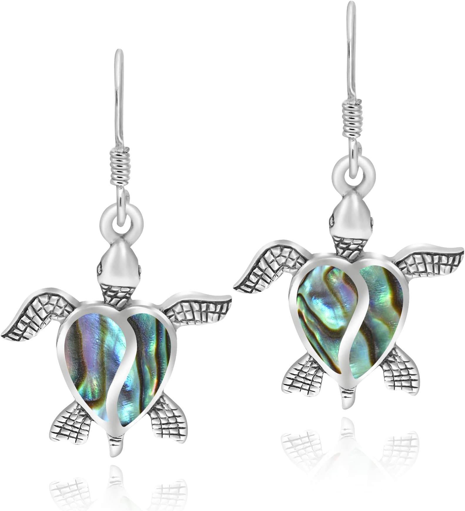 Love Life Sea Ocean Turtle Heart Abalone Shell Sterling Silver Dangle Earrings | Elegant Ocean-Inspired Turtle Earrings for Women | Sterling Silver and Abalone Shell Jewelry