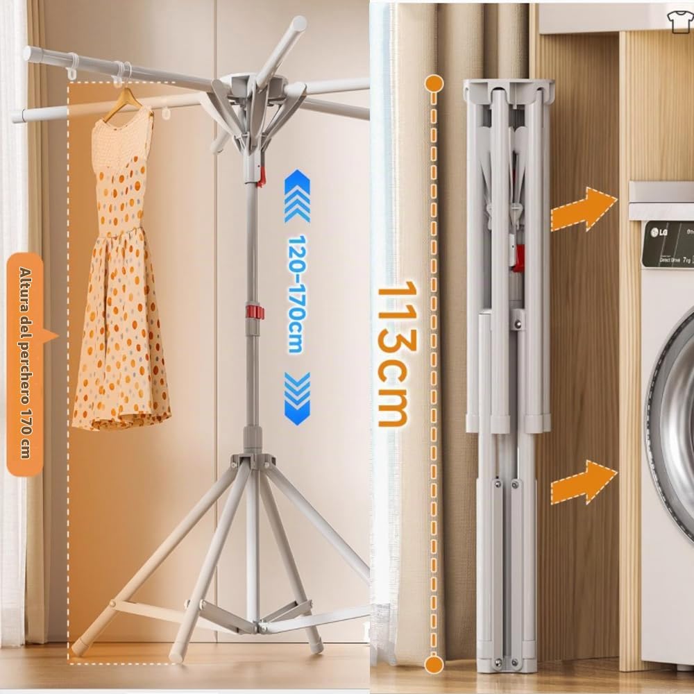 HEYOUTH Tendedero Plegable de 6 Barras Extensible - Ahorra Espacio en Acero al Carbono para Balcón, Camping, Interior y Exterior | Gris Plateado