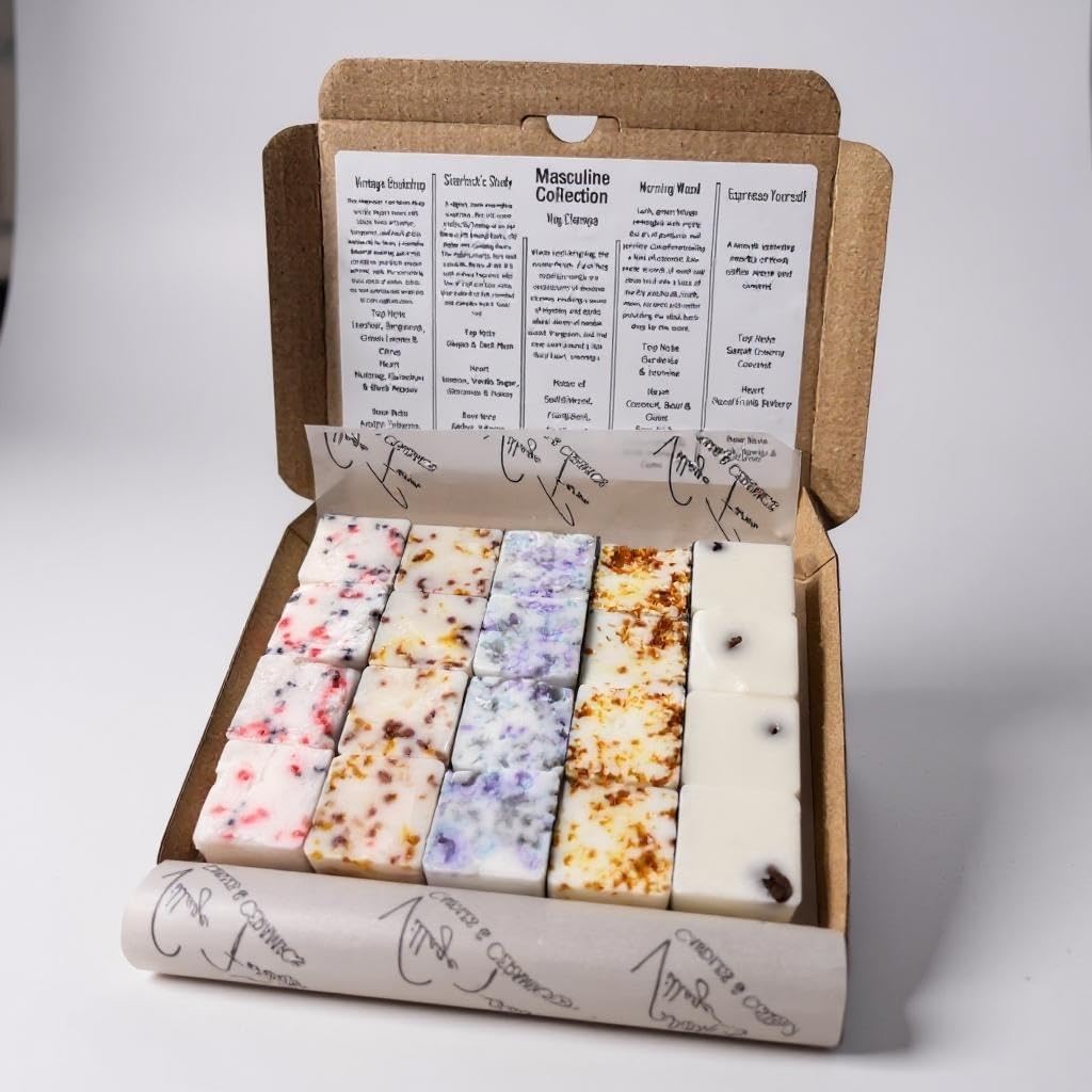 20 Piece Masculine Collection Botanical Wax Melt Box. Highly Scented | Vegan | 100% Soy Wax | Box of 20 | Cruelty Free | Long-Lasting | Handcrafted | Small Batch | Artisan | 240g