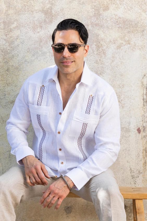 Mojito Collection Men's 100% Linen Guayabera Shirt Long Sleeve with Embroidered Trim - Image 3