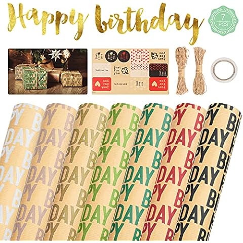 ShiSheng Birthday Kraft Wrapping Paper 7 Sheets Recycled Brown Kraft Wrapping Paper 50 x 70cm Creative Happy Birthday Folded Gift Paper with 2 Pcs Ropes Sticker a Roll Tape (7 Colors) Cover