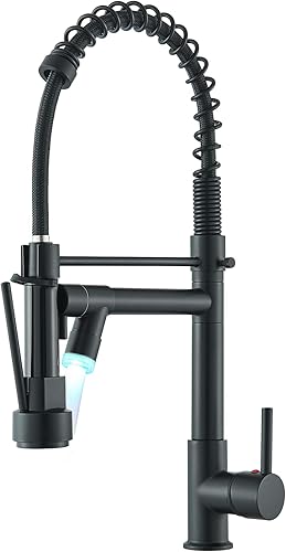 NeierThodore Grifo de cocina con LED, grifo de fregadero de cocina de un solo orificio de acero inoxidable con rociador extraíble, grifos de cocina