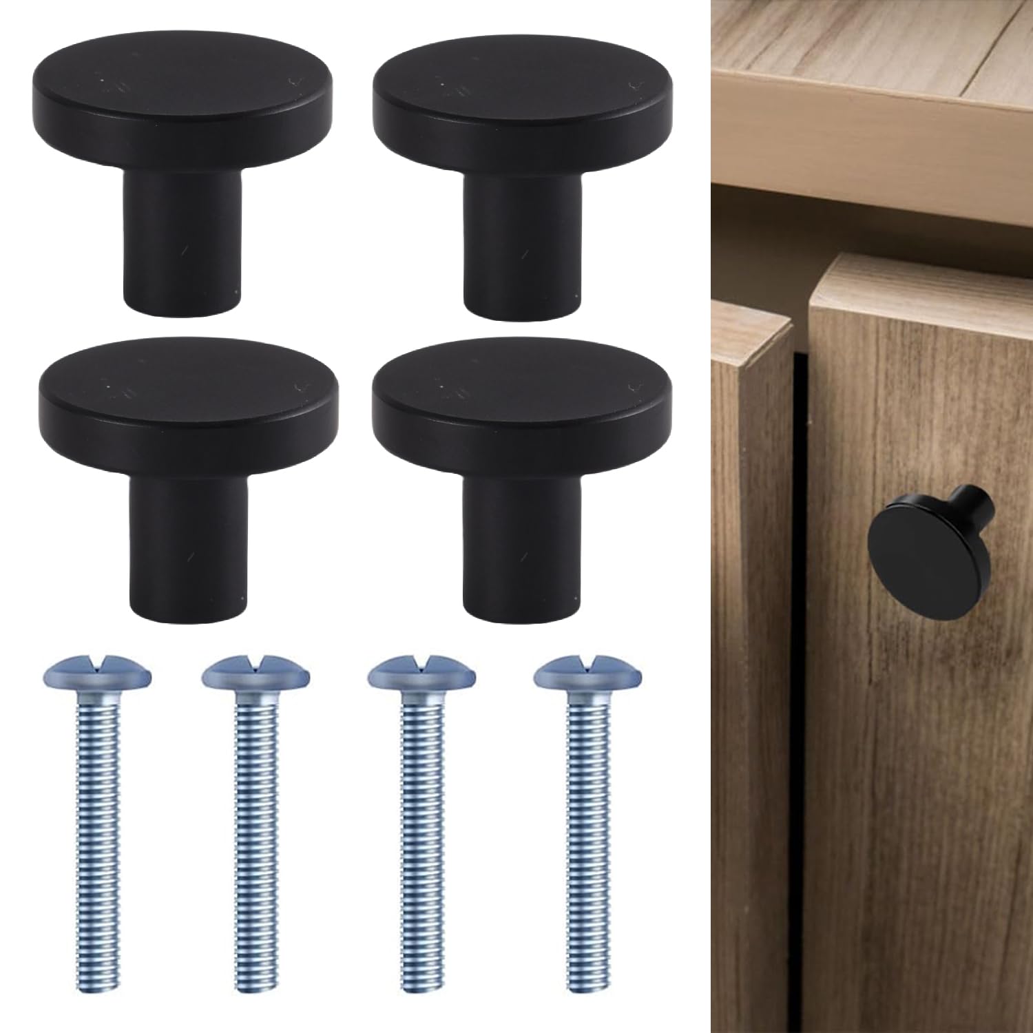 DILUSILK Black Round Cabinet Knobs, 4 Pack, 25mm (Diameter) x 20mm (Height), Aluminum Alloy & Stainless Steel, Modern Style