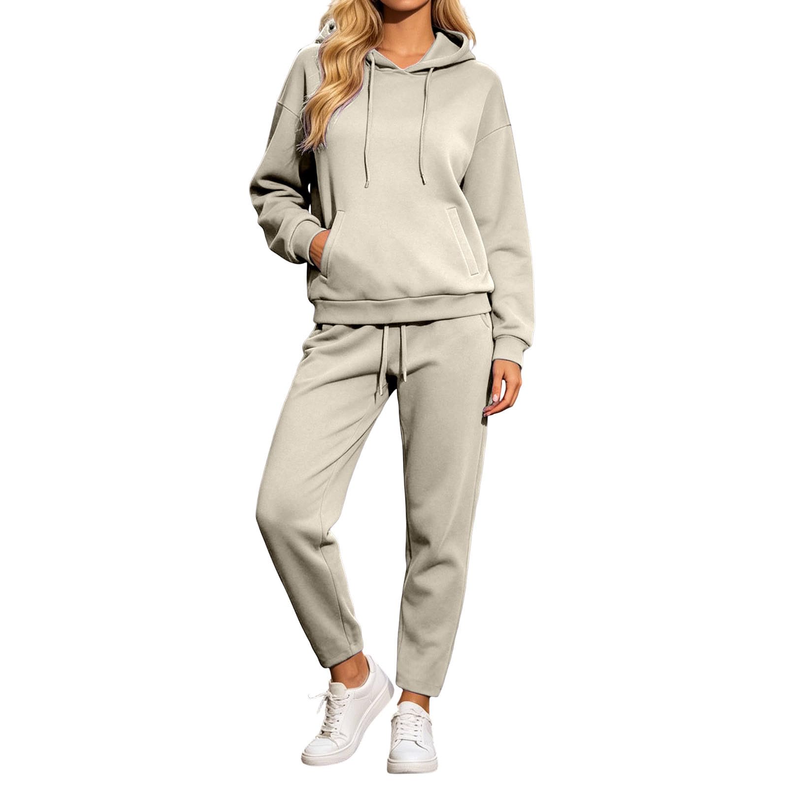 Tuta da donna con cappuccio e pantaloni, lavorata a maglia, per il tempo