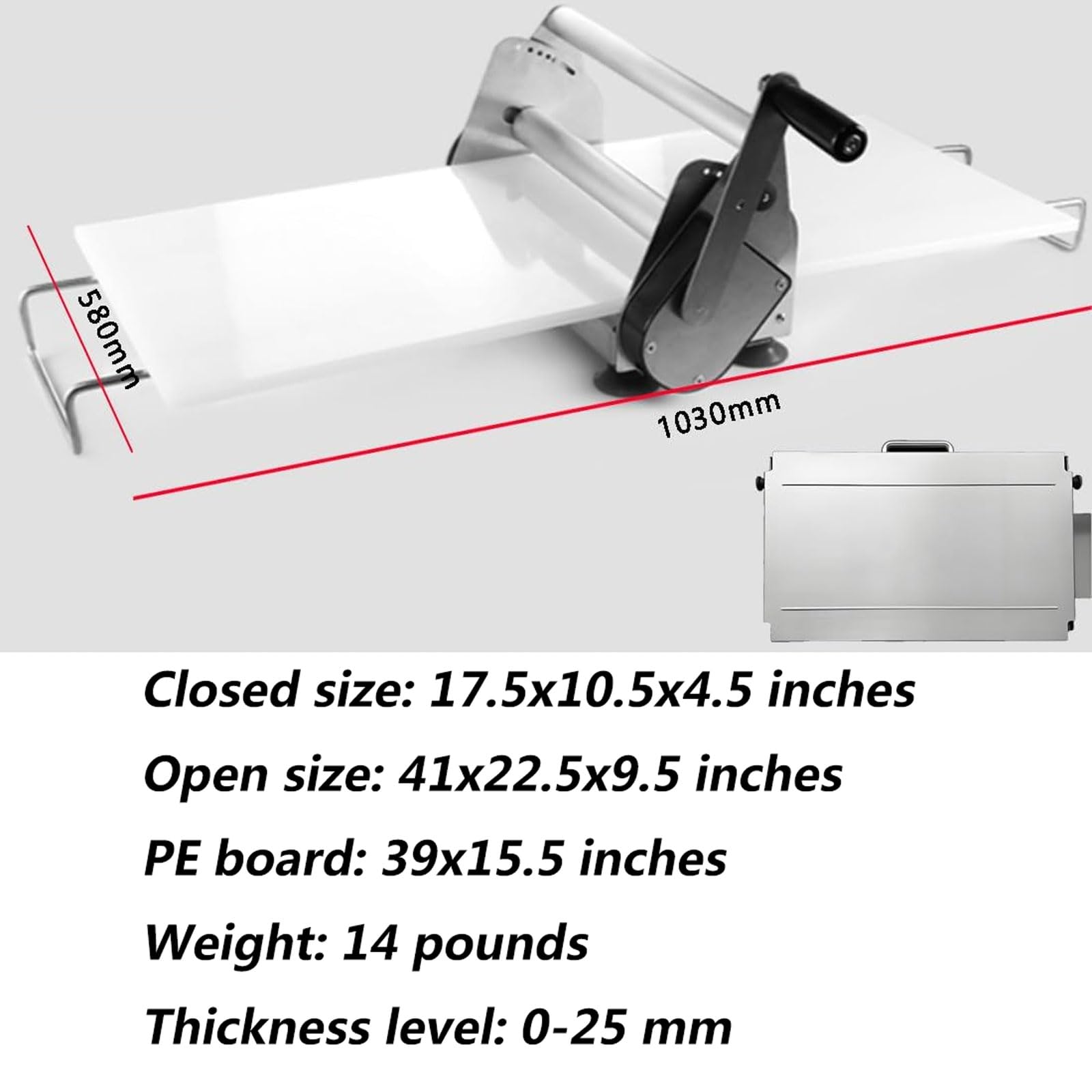 Espátula manual plegable de acero inoxidable, grosor ajustable de 0,5 a 27 mm, con manivela, ideal para cocinas domésticas, panaderías y comedores.