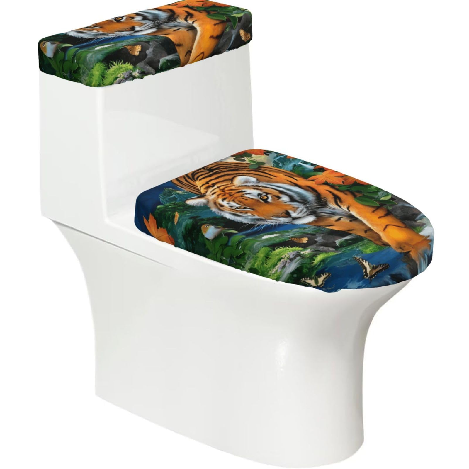 Tiger Butterfly Bird 2-Piece Toilet Seat Cover Set with Tank Lid, Elastic Fit for U-Shape & Elongated Toilets, Bathroom Decor, Housewarming Gift