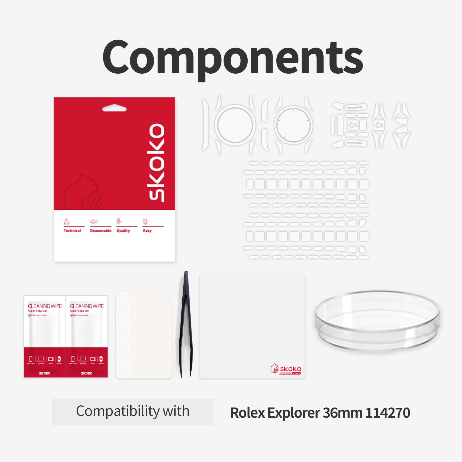 skoko [1Set Full Package Pellicola Protettiva Corpo Compatibile con Rolex Explorer 36mm Ref. 114270, Pelle Trasparente Lucida, Copertura Completa, Anti Scartch, Pezzi extra per aree difficili