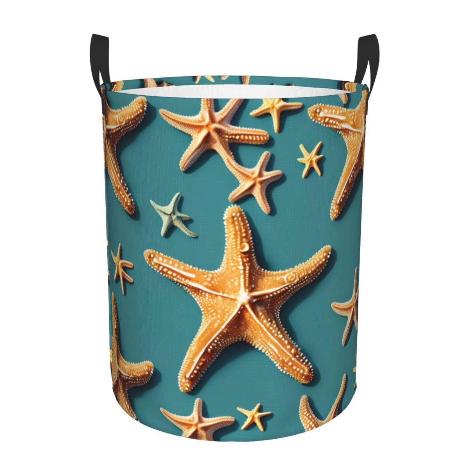 M Collapsible Laundry Hamper Round Beach Starfish Print Storage