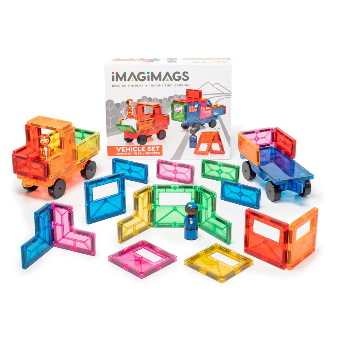 Imagimags Magnetic Building Tiles, 28 Piece Vehicle Set for Boys Girls Kids, Educational Car Learning Activity Building Block Toddler Toys, STEM,