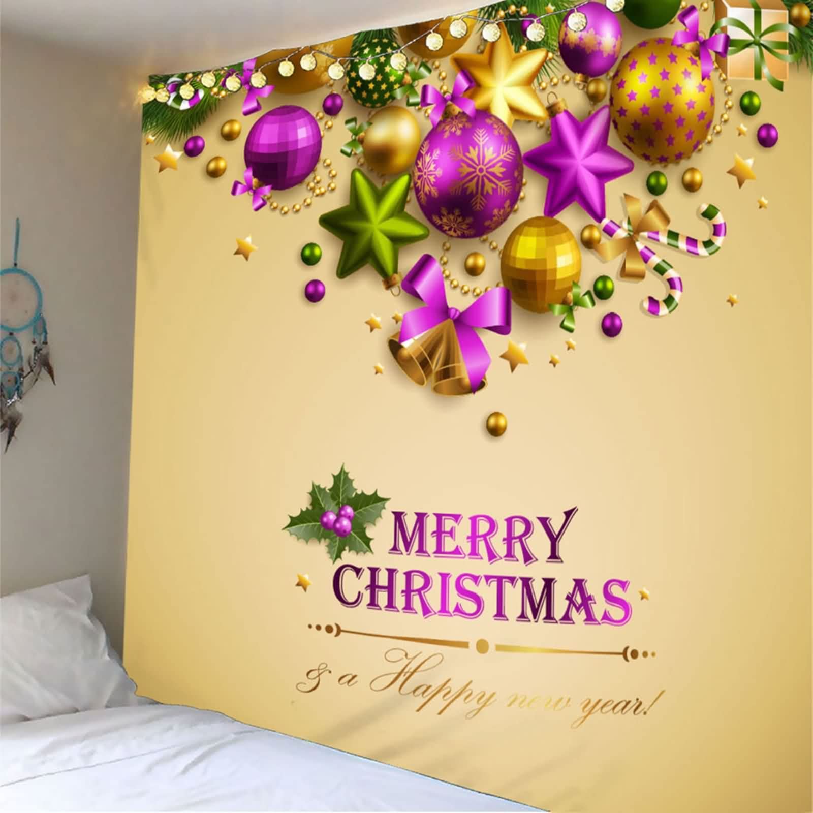 Navidad Tapiz Colgante Papel Tapiz Paredes 3D para Cuartos Bowknot Campanas Y Bolas De Navidad Papel Tapiz Tapiz Japones Pequeño Amarillo Púrpura Oro Decoración Navideña 300X260Cm