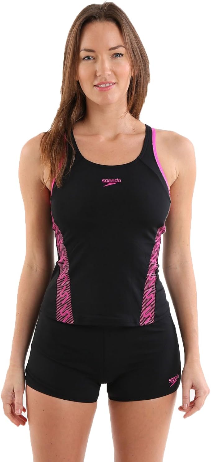 Speedo Women's Monogram Tankini Boyleg Swimsuit Black/Ecstatic, 30