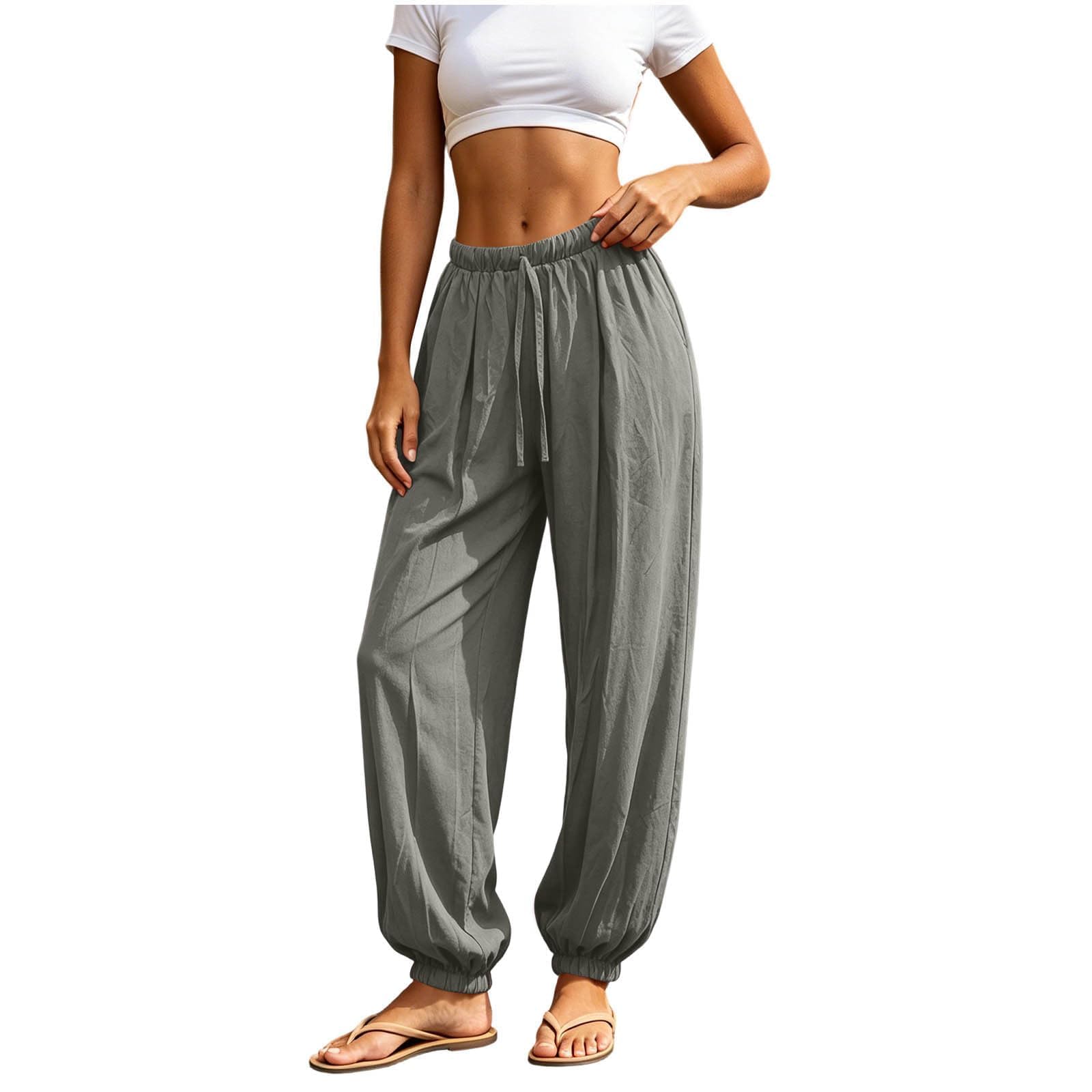 Pantalone Lino Donna Pantaloni da Yoga da Donna a Tinta Unita con Tasche, Dritti, Elasticizzati, vestibilità Ampia, Pantaloni a Contrasto Tinta Unita Estivi Larghi