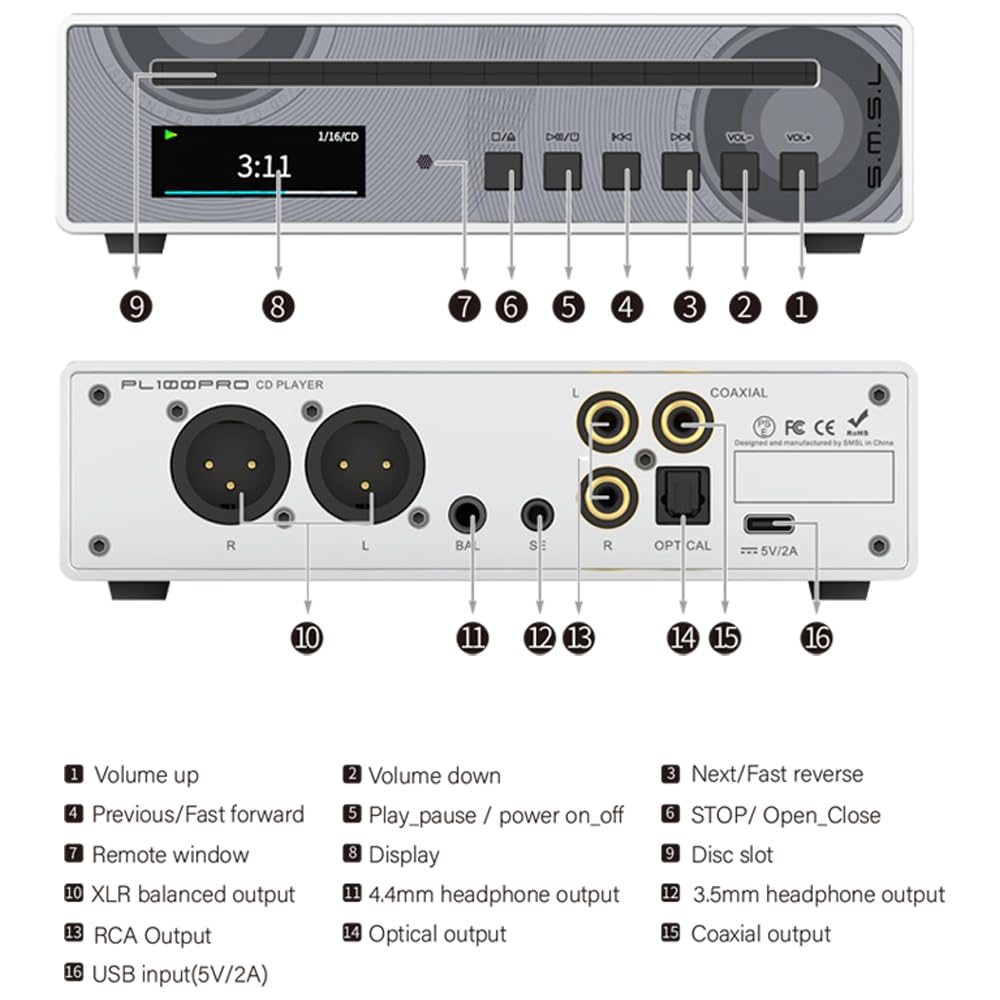 SMSL PL100PRO - Reproductor de CD, RCA/óptico/coaxial/XLR balanceado/salida de auriculares de 3.5 + 4.4 mm, 200 mW 32Ω, 2 chips DAC CS43131 de gama alta, compatible con discos CD-R/CD-RW/MP3