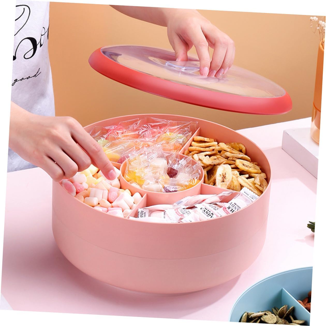 Gadpiparty Double Layer Rotating Candy Box Snack Container with Lid, Pink Compartmented Dry Fruit and Nut Storage Tray for Home and Travel