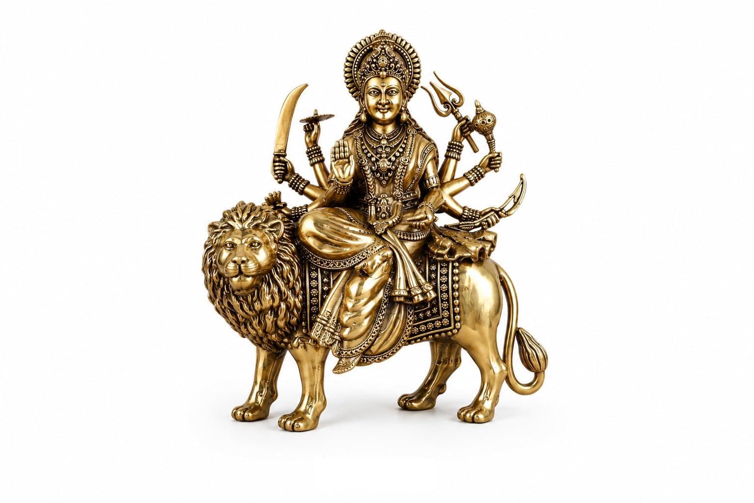 Goddess Durga Sitting on Lion Idol, Brass Finish Statue | Brass Finish, Hindu Deity, Multi-Armed Figure, Home Temple Decor, Detailed Craftsmanship-image-9