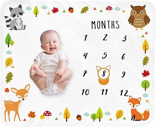 Tebaby Manta mensual de hitos para bebé, diseño de bosque  Manta de mes recién nacido, unisex, neutra, regalo de ducha, animales del bosque,
