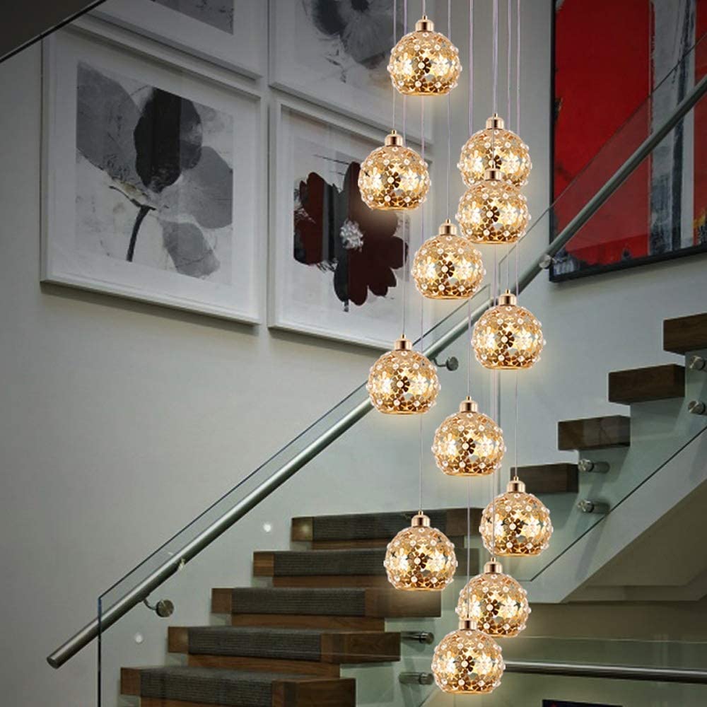 LYMSXAZOU Multi Lights Duplex Hollow Living Room Loft Chandelier Multi-Balls Minimalist Staircase Long Modern Creative Hotel Villa Stairwell High Ceiling Pendant Light Metal Crystal Lampsha Made in