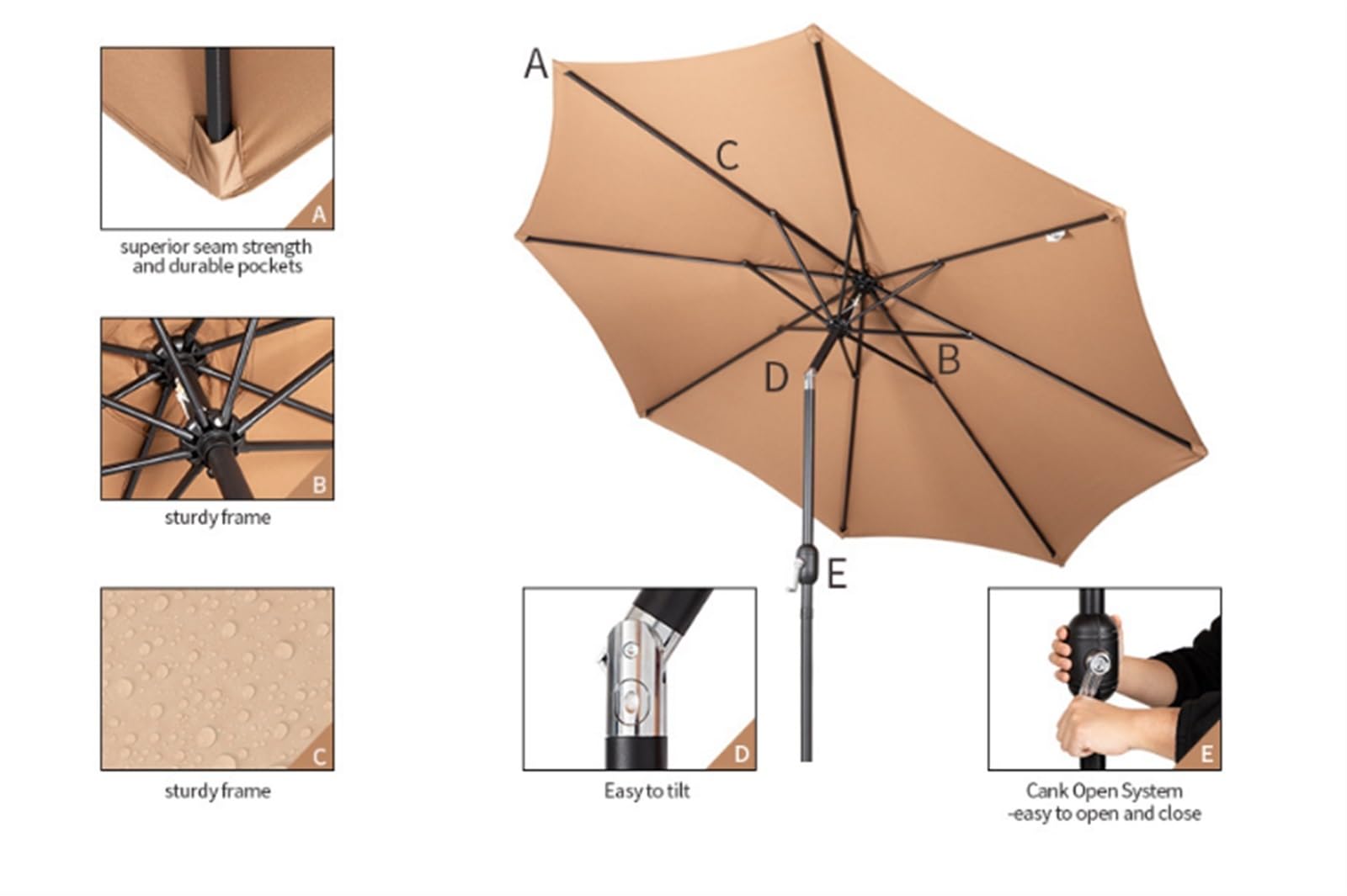 Parasol Tarasowy Zewnętrzny Parasol Na Patio Stół Zewnątrz Z Odchylaniem I Korbą 8 Stalowych Żeber Bez Podstawy Zewnątrz(B)
