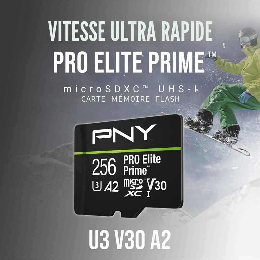 PNY 256GB Pro Elite Prime C10 U3 V30 A2 microSDXC Carte Mémoire Flash