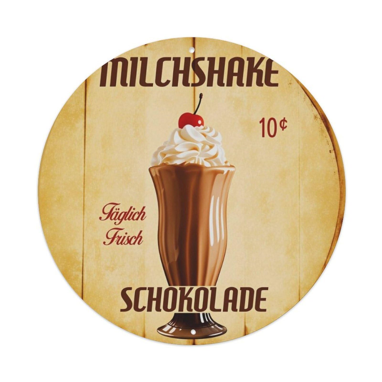 Vintage German Chocolate Milkshake Wood Grain Round Sign Vintage Aluminium Metal Sign, Retro Wall Decor for Home, Bar, Garage & Farmhouse 20x20cm