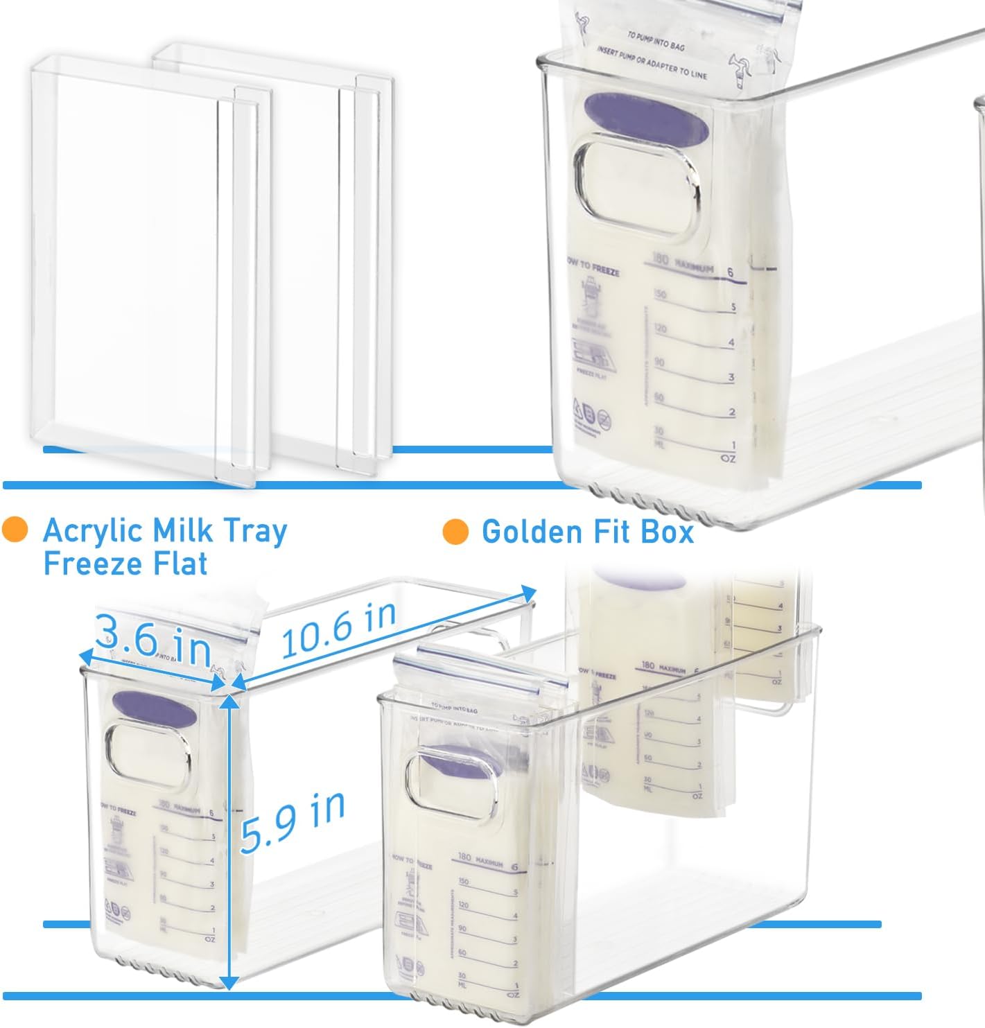 Ugotfeels Breastmilk Storage Container with Freezer Flattener Kit to Flatten Standing Breast Milk Bags in Organizer Bins Save Refrigerator Space(2 Pack)