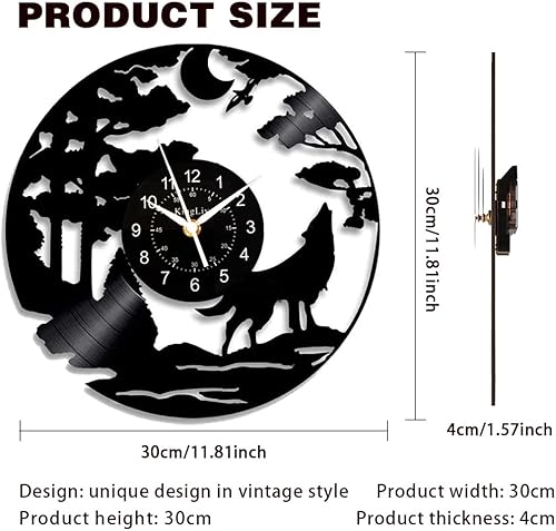 Miniatura 4 de KingLive Reloj de pared de 12 pulgadas con diseño de lobo salvaje, diseño de disco de vinilo LED, estética, color negro, silencioso, para decoración