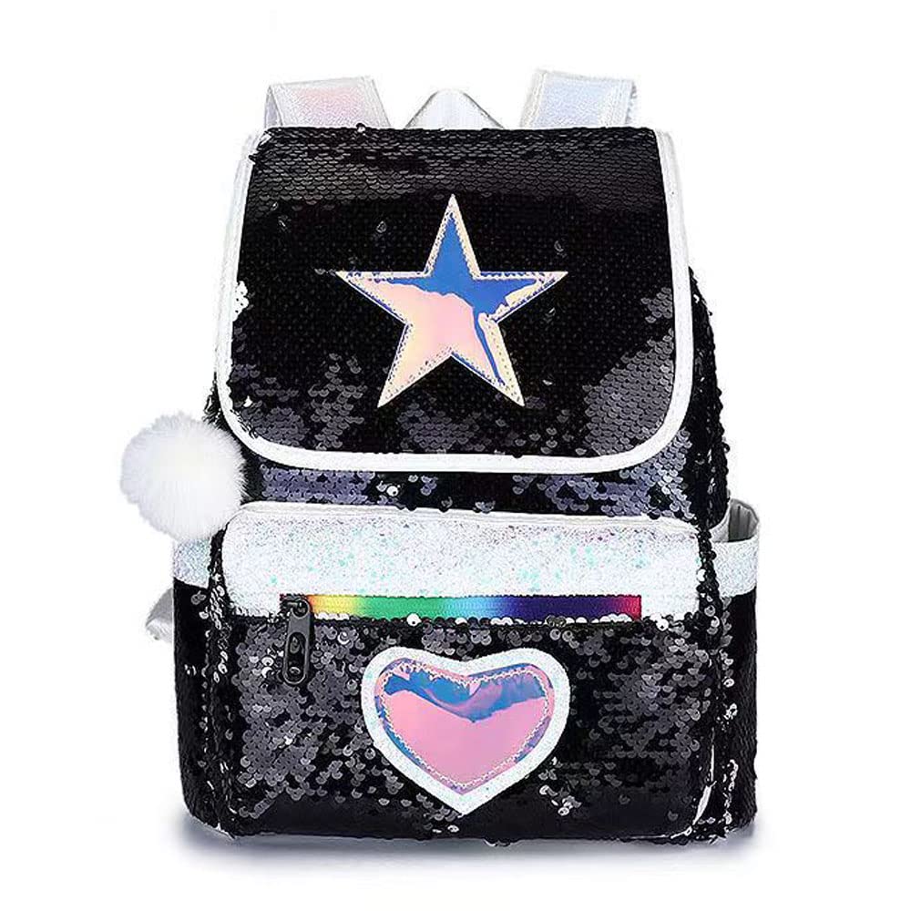 ZocnuioSequin Star Heart Backpack for Girls Cute Glitter Sparkly Casual Backpack with Furry Balls For College Young Girls, Black, M, Fashion Cute Design Sparkly Sequin Backpack