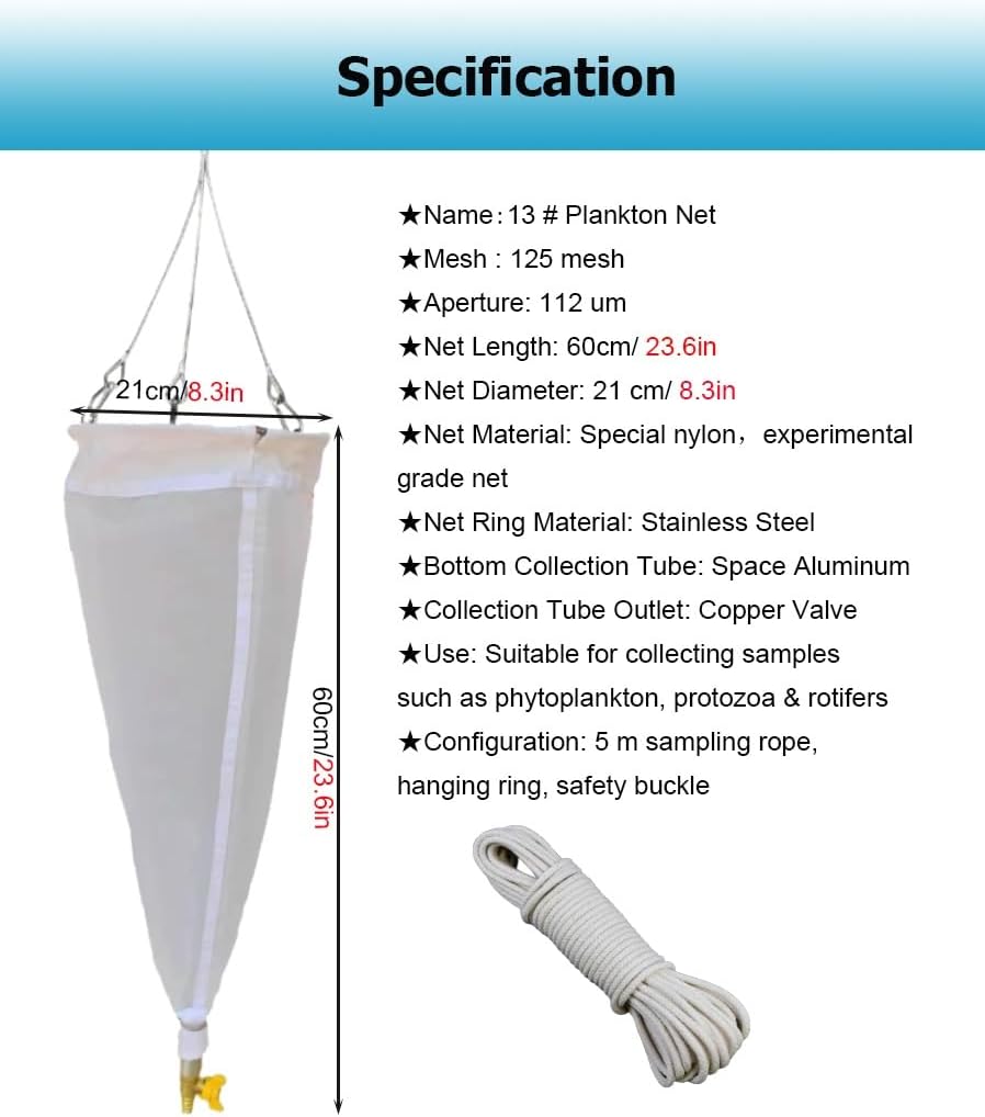 112/64 μm Plankton Net - 23.62" Length, 125/200 Fine Mesh Nylon Sampling Net for Collecting Protozoa & Rotifers, Ideal for Aquatic Research & Experimentation