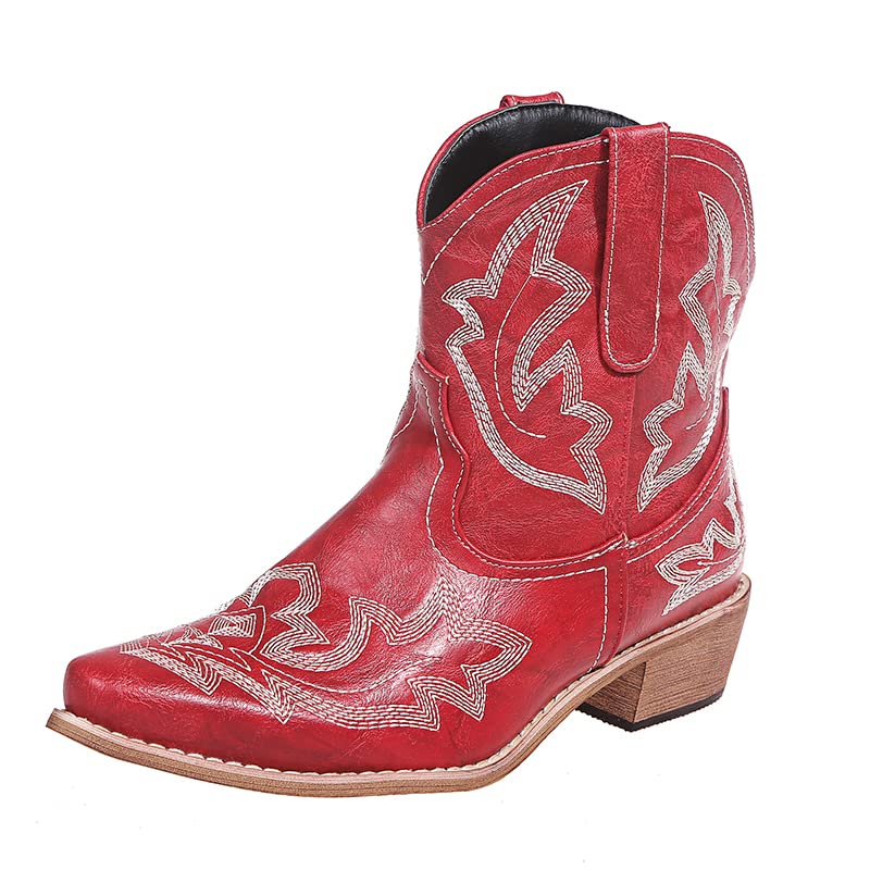 Western Cowgirl Cowboy Ankle Boots for Women Mid Calf Short Booties with Embroidery Round Toe Chunky Low Heel